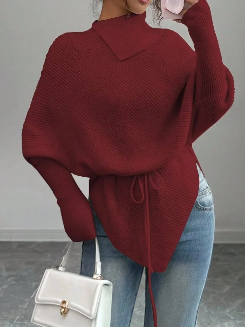 Red Casual Women's High Neck Batwing Sleeve Asymmetrical Hem Tie Waist Sweater